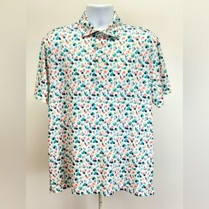 DANIEL CREMIEUX white w/Coral and Aqua Dog/scuba motif golf polo Shirt size L